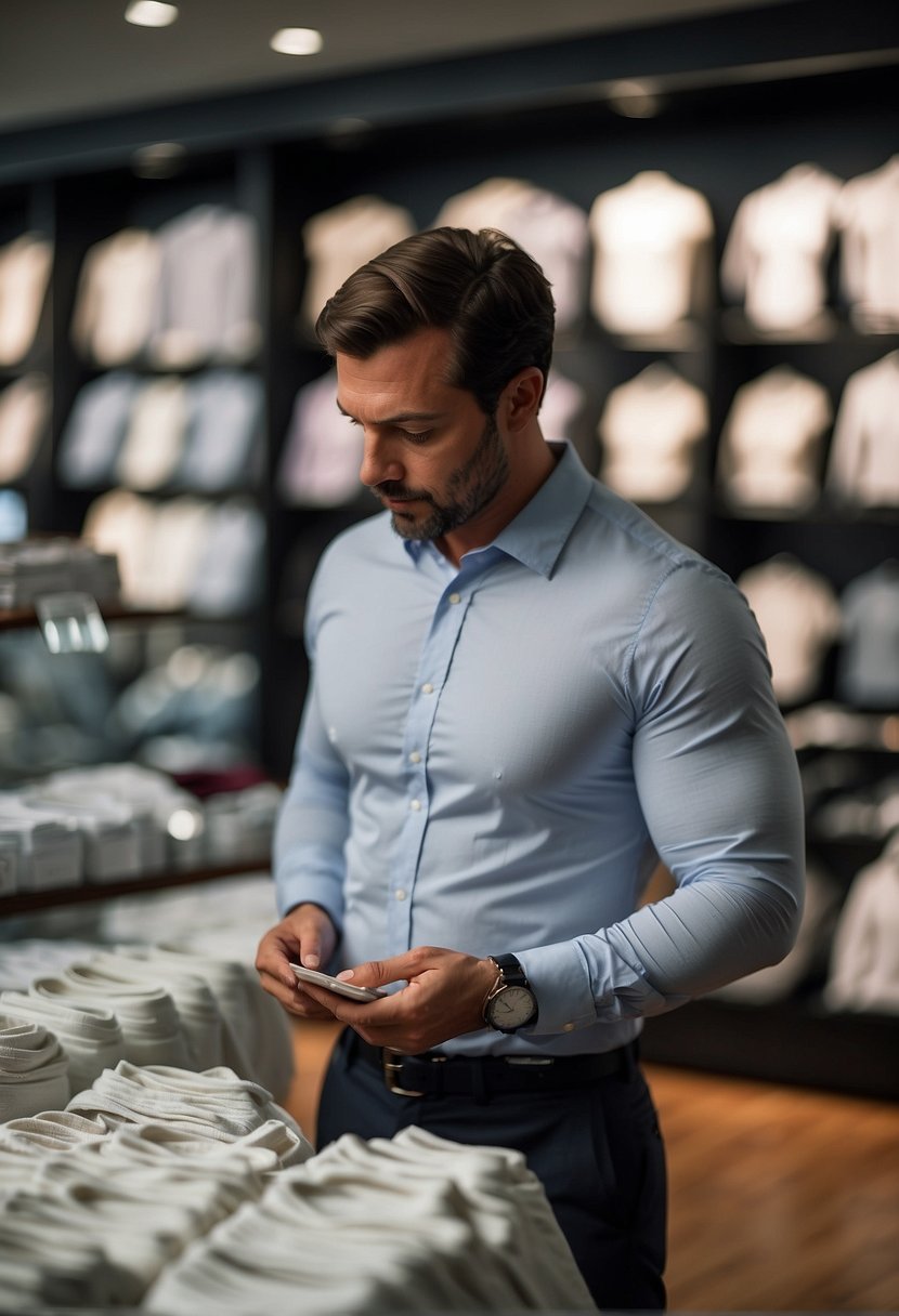 A customer examines premium undershirts, comparing prices and quality, pondering their value