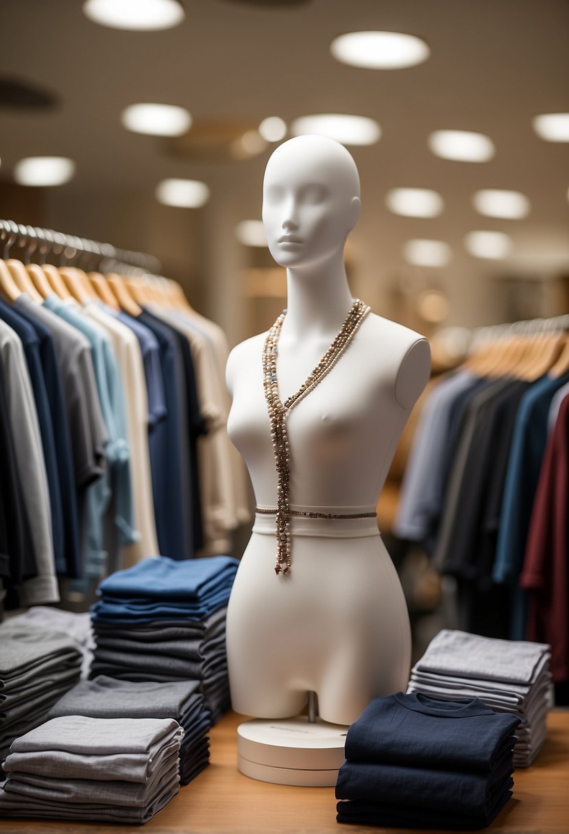 A mannequin displays Real-World Insights undershirts, surrounded by price tags and customer reviews