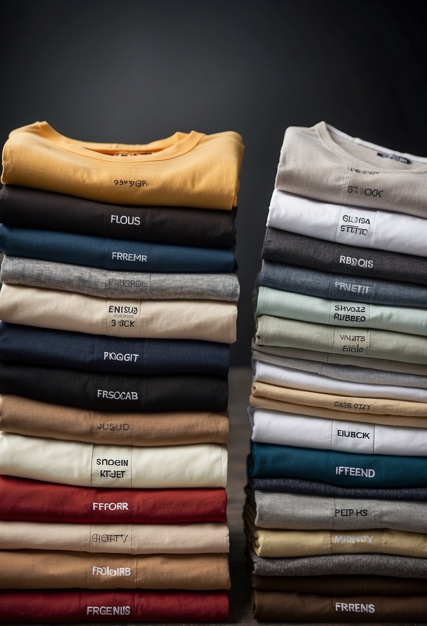 A stack of premium undershirts with a "Frequently Asked Questions" label. Examples of the shirts in various colors and sizes are displayed