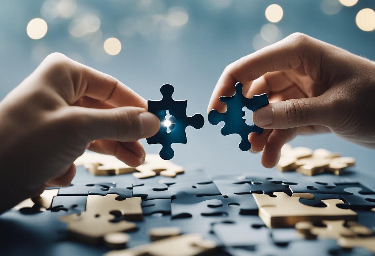 A couple's hands manipulating a puzzle piece in a marriage symbolizing complex dynamics