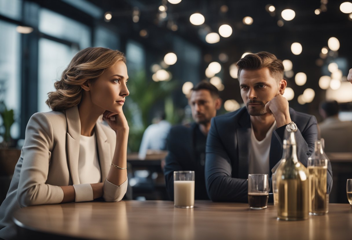 A couple sits at a table, one partner dominating the conversation while the other looks down, appearing defeated. Tension fills the air as the dominant partner exerts control