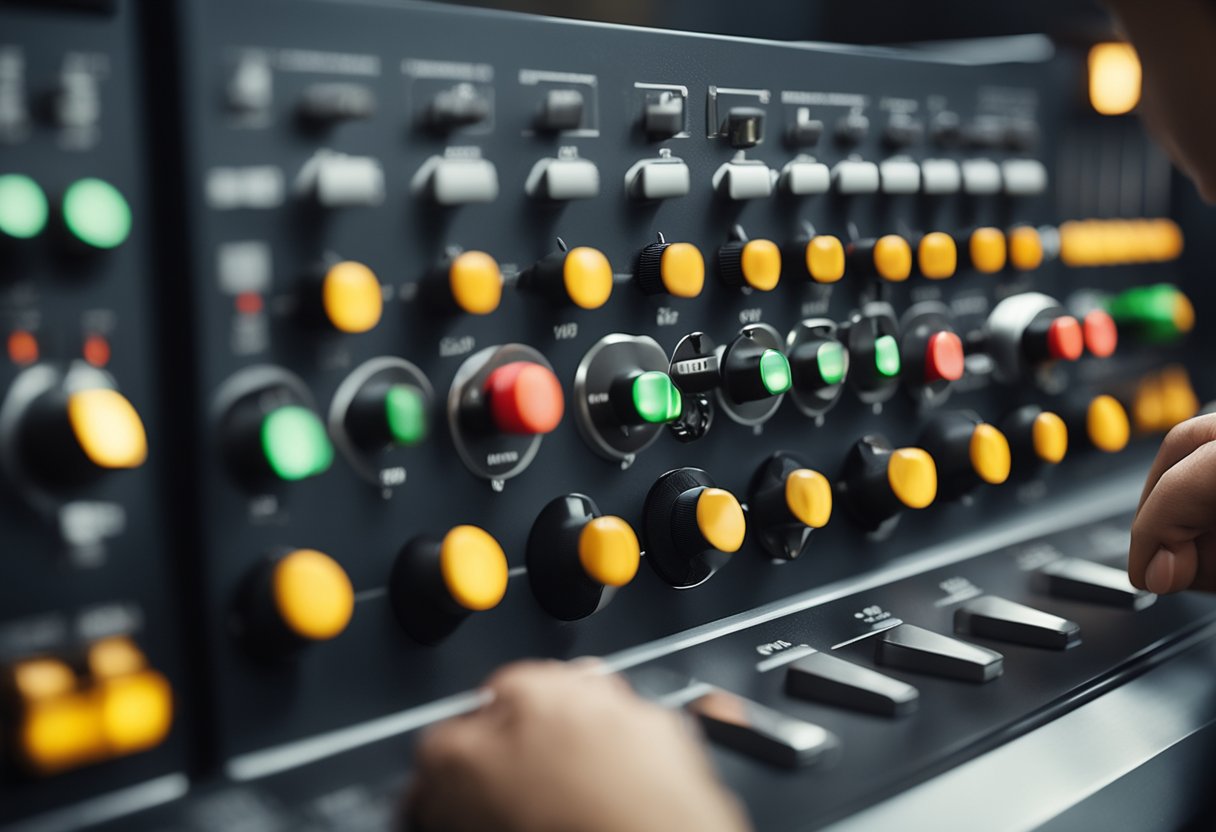 A hand turning a knob on a control panel, while another hand holds a set of tools, symbolizing the manipulation and influence mechanisms in marriage