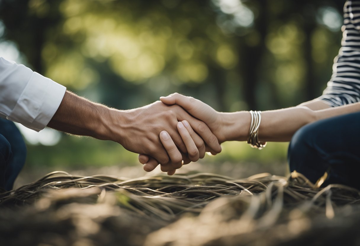 A couple's hands intertwined, one subtly manipulating the other's movements, symbolizing the complex dynamics of social manipulation in marriage