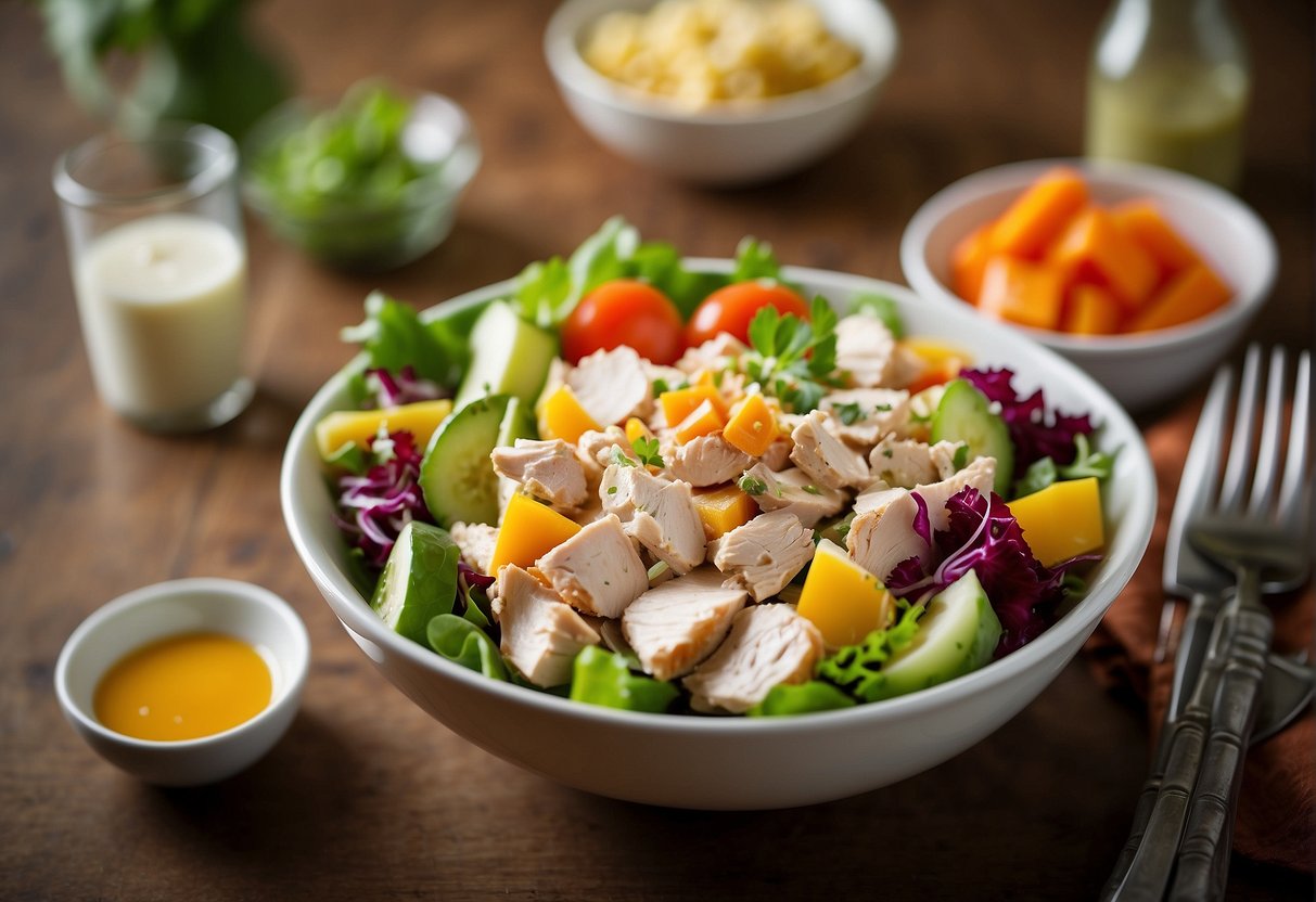 A bowl of chicken salad with vibrant colors and fresh ingredients, surrounded by a whimsical and playful atmosphere