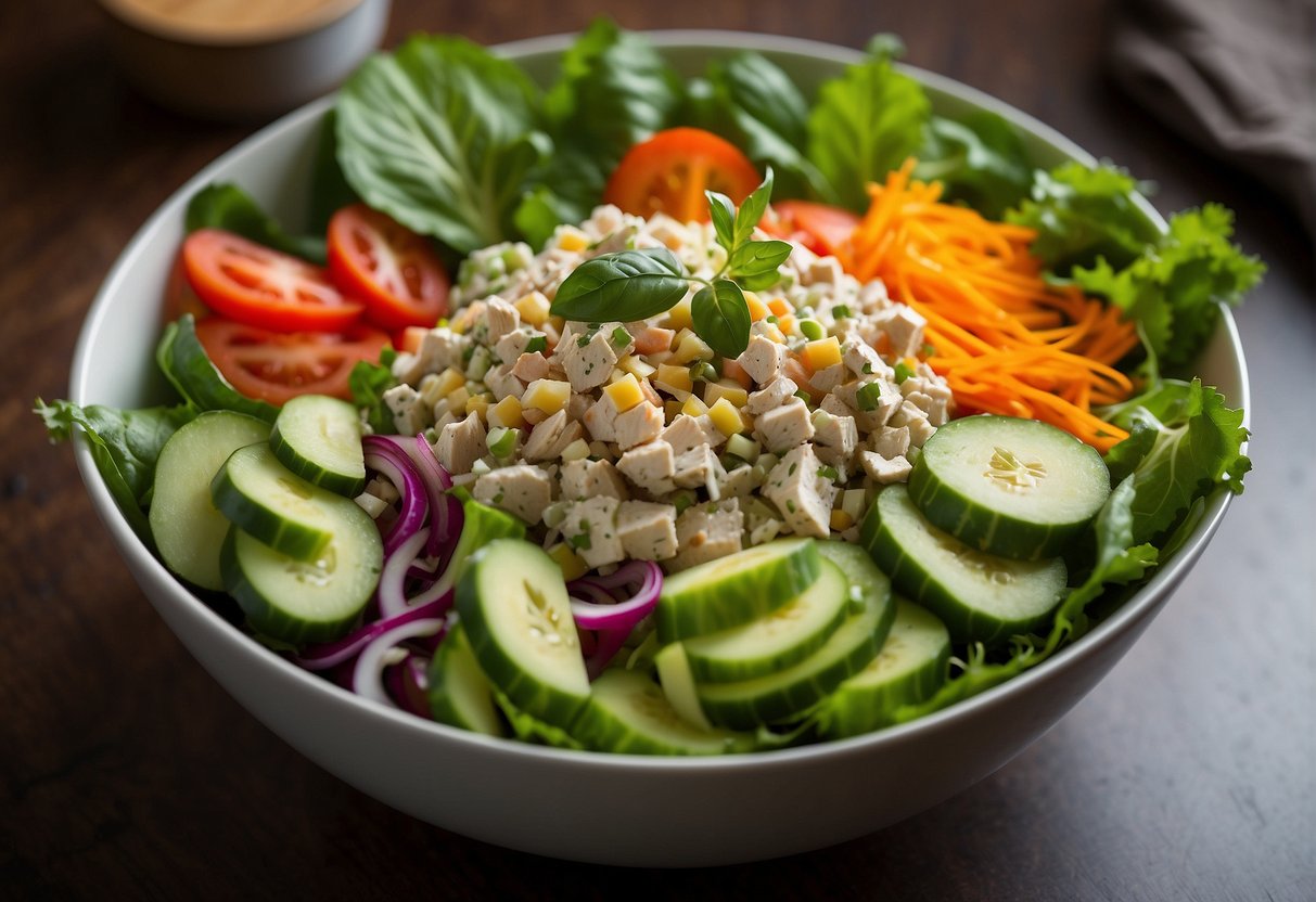 A colorful array of fresh vegetables and herbs arranged around a bowl of vibrant chicken salad, with a sassy, playful energy