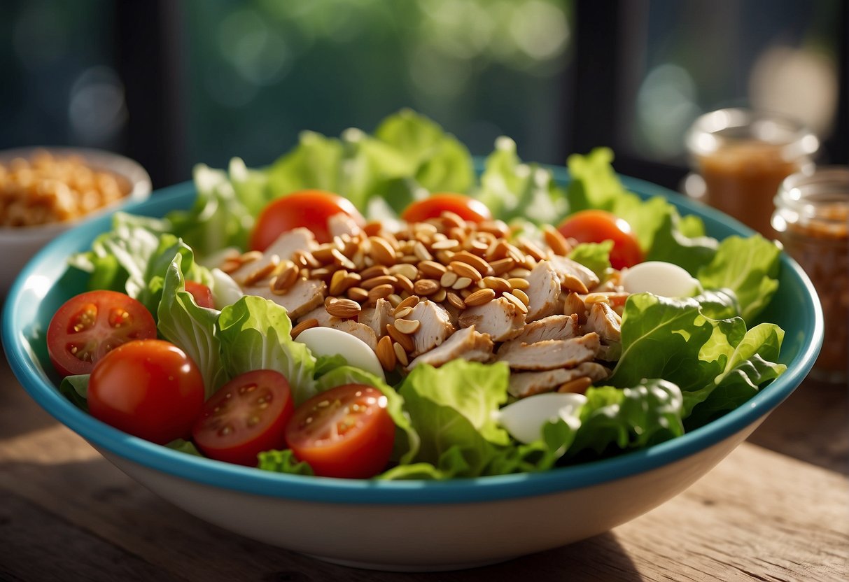 Fresh lettuce, juicy tomatoes, tender chicken, crunchy almonds, and tangy dressing arranged in a colorful bowl
