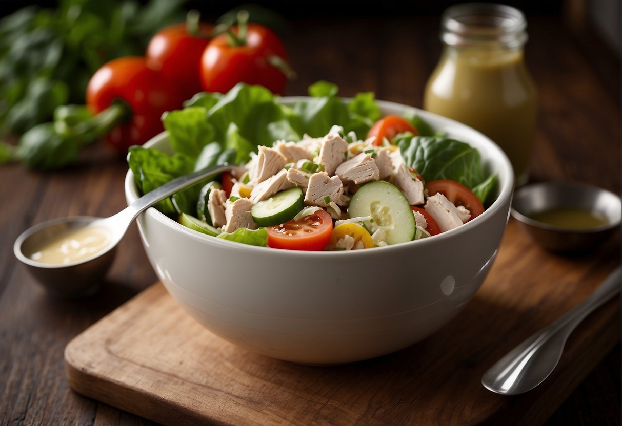 A bowl of chicken salad sits on a wooden table, surrounded by fresh vegetables and a jar of homemade dressing. A spoon rests on the side of the bowl, ready to serve