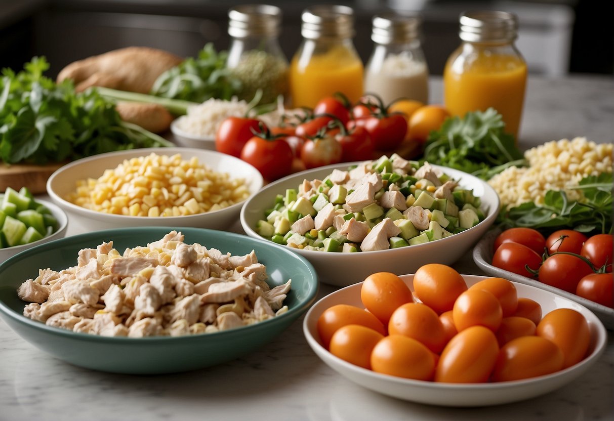 A vibrant kitchen counter displays ingredients for a sassy Scotty chicken salad, including fresh vegetables, savory chicken, and a variety of alternative ingredients