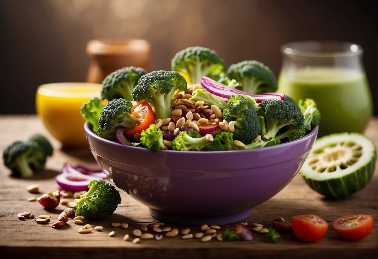 A colorful bowl filled with fresh broccoli, crisp bacon, red onions, and tangy dressing, surrounded by vibrant ingredients and a sprinkle of sunflower seeds