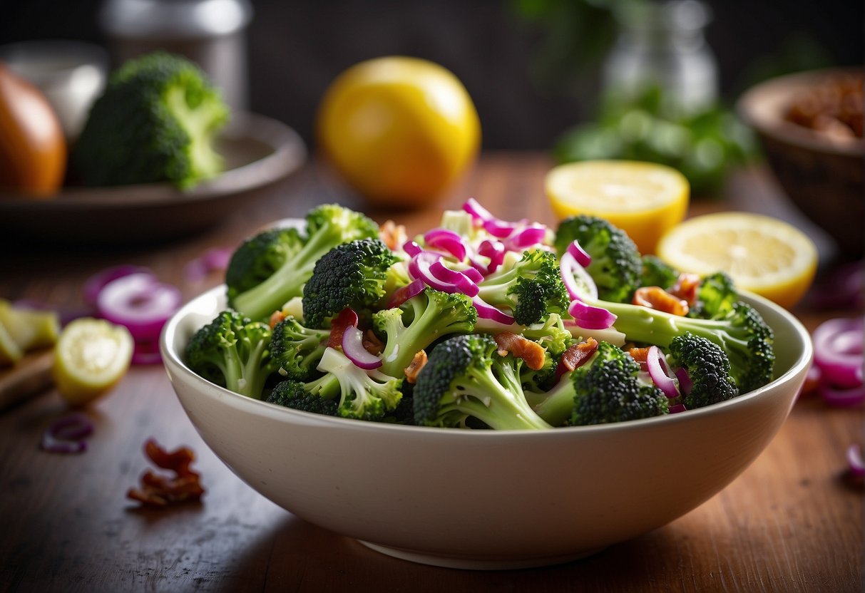 A bowl of fresh broccoli, chopped red onions, crispy bacon, and tangy dressing being tossed together in a vibrant kitchen setting