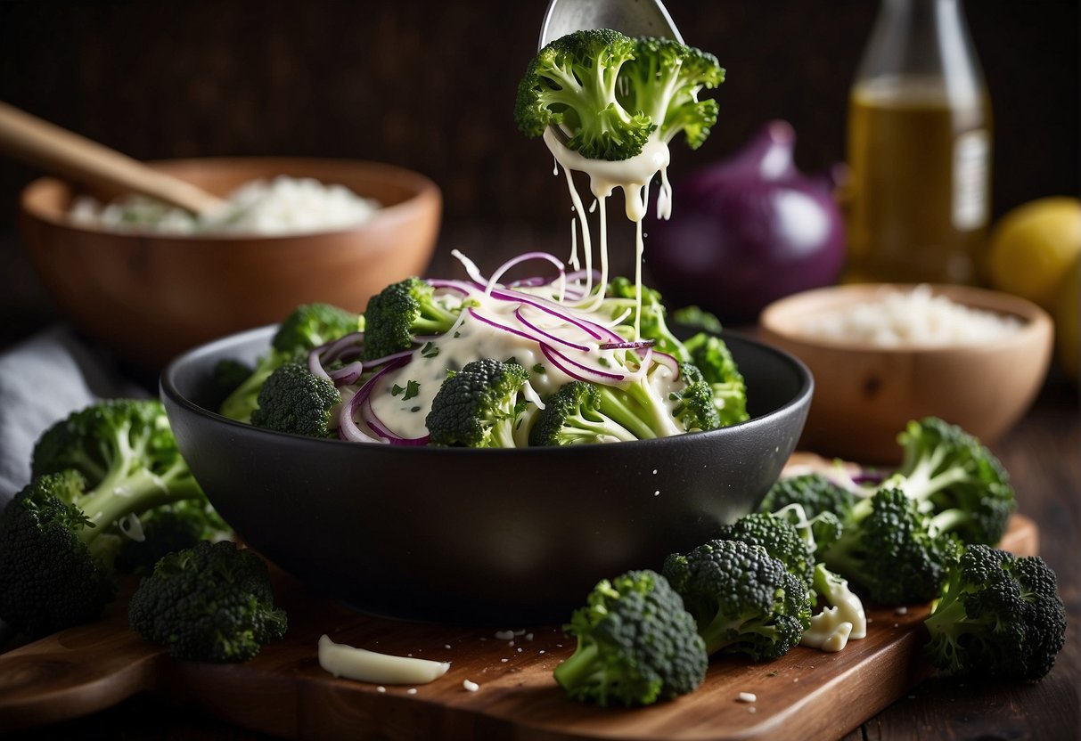 Fresh broccoli being washed and chopped, bacon sizzling in a pan, red onion being thinly sliced, and a creamy dressing being whisked together in a bowl