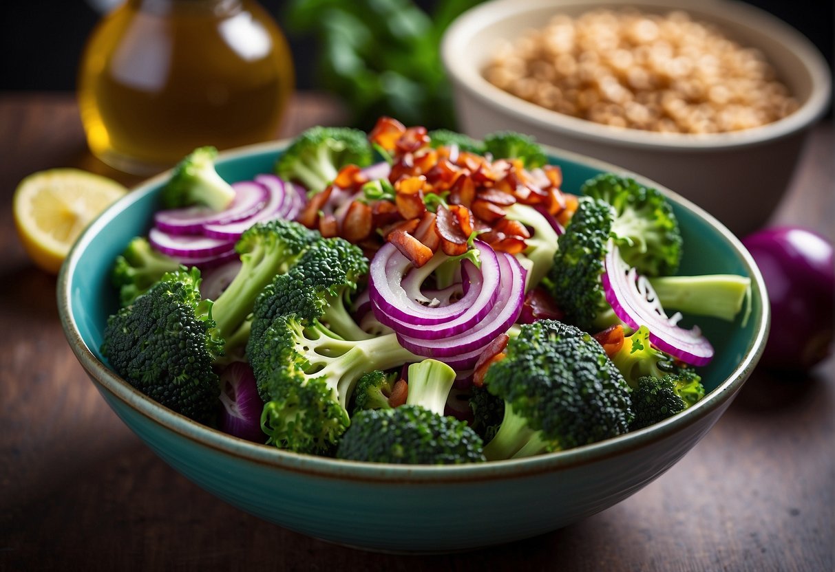 A colorful array of fresh broccoli, red onions, bacon bits, and tangy vinaigrette, arranged in a vibrant bowl