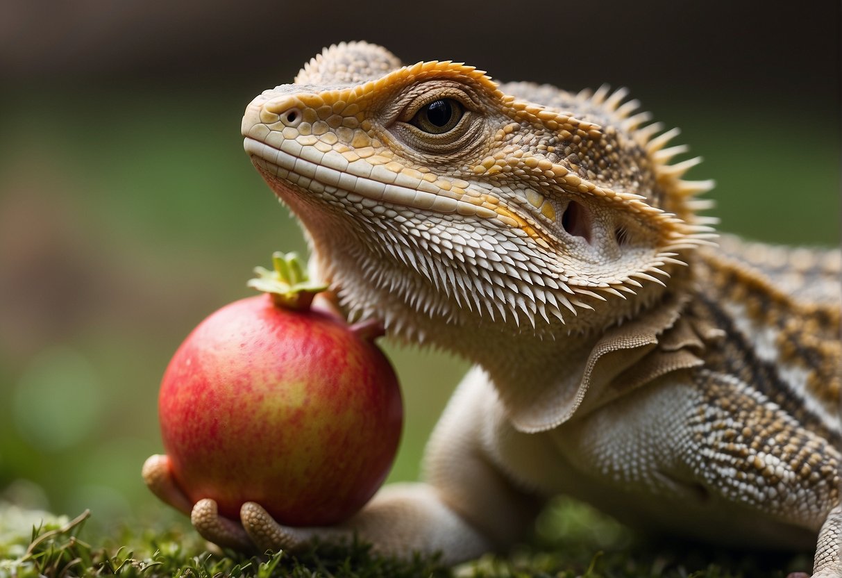 A bearded dragon eagerly eats a juicy pomegranate, its tongue reaching out to grab a piece