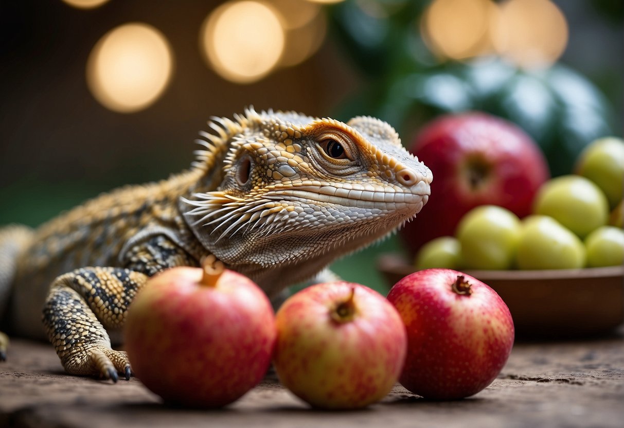 A bearded dragon is shown eating pomegranate seeds, with a pile of the fruit in the foreground and a clear focus on the dragon's enjoyment of the snack