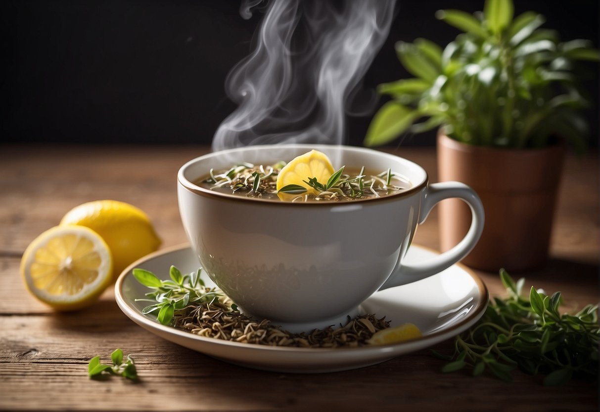 A steaming cup of 21-day detox tea sits on a wooden table, surrounded by fresh herbs and a slice of lemon
