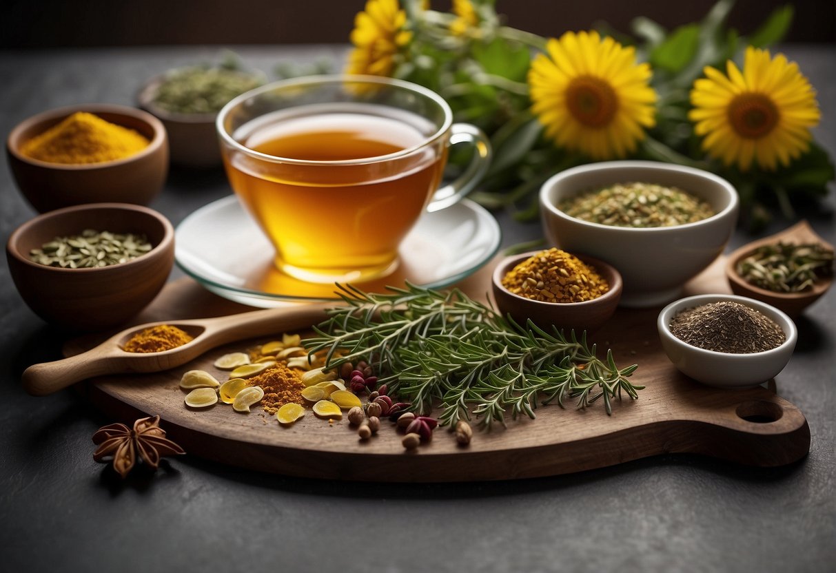 A table with various herbs and spices, a teapot, and a cup of detox tea. Labels of key ingredients such as ginger, turmeric, and dandelion are visible