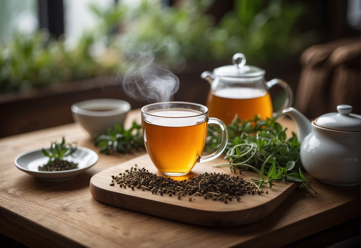 A steaming cup of 21-day detox tea sits on a wooden table, surrounded by fresh herbs and a teapot. A journal and pen are nearby, with a peaceful, serene atmosphere