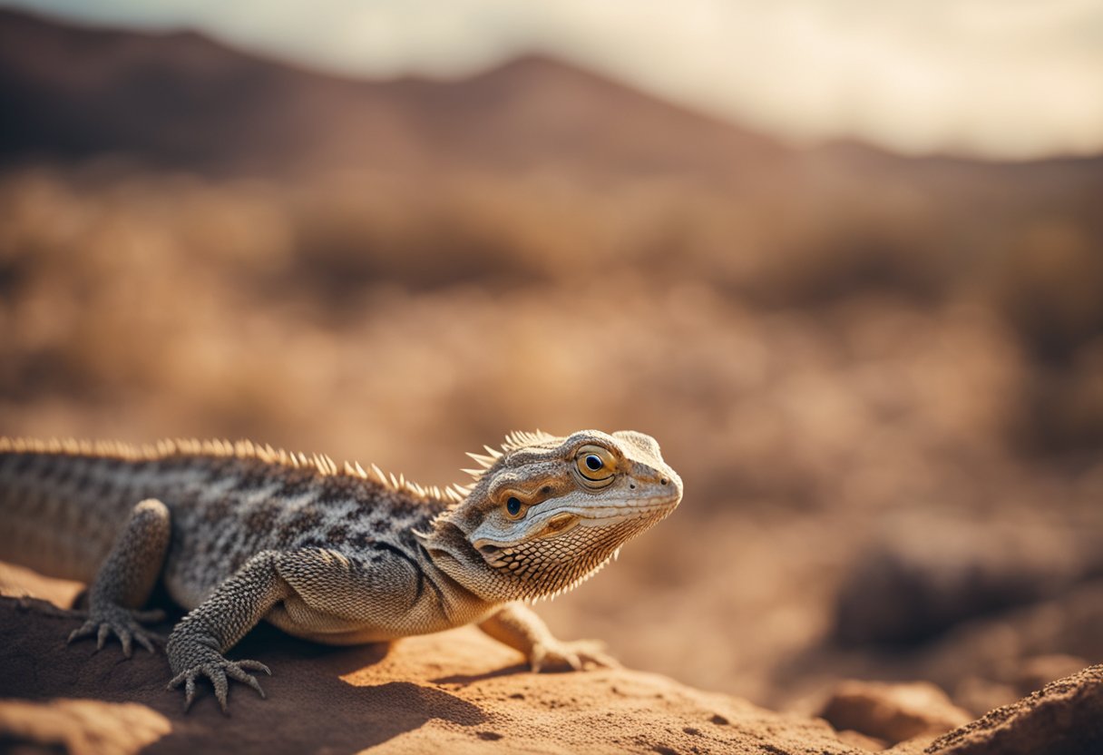 Bearded dragons journey across a desert landscape, basking in the warm sun and exploring rocky terrain