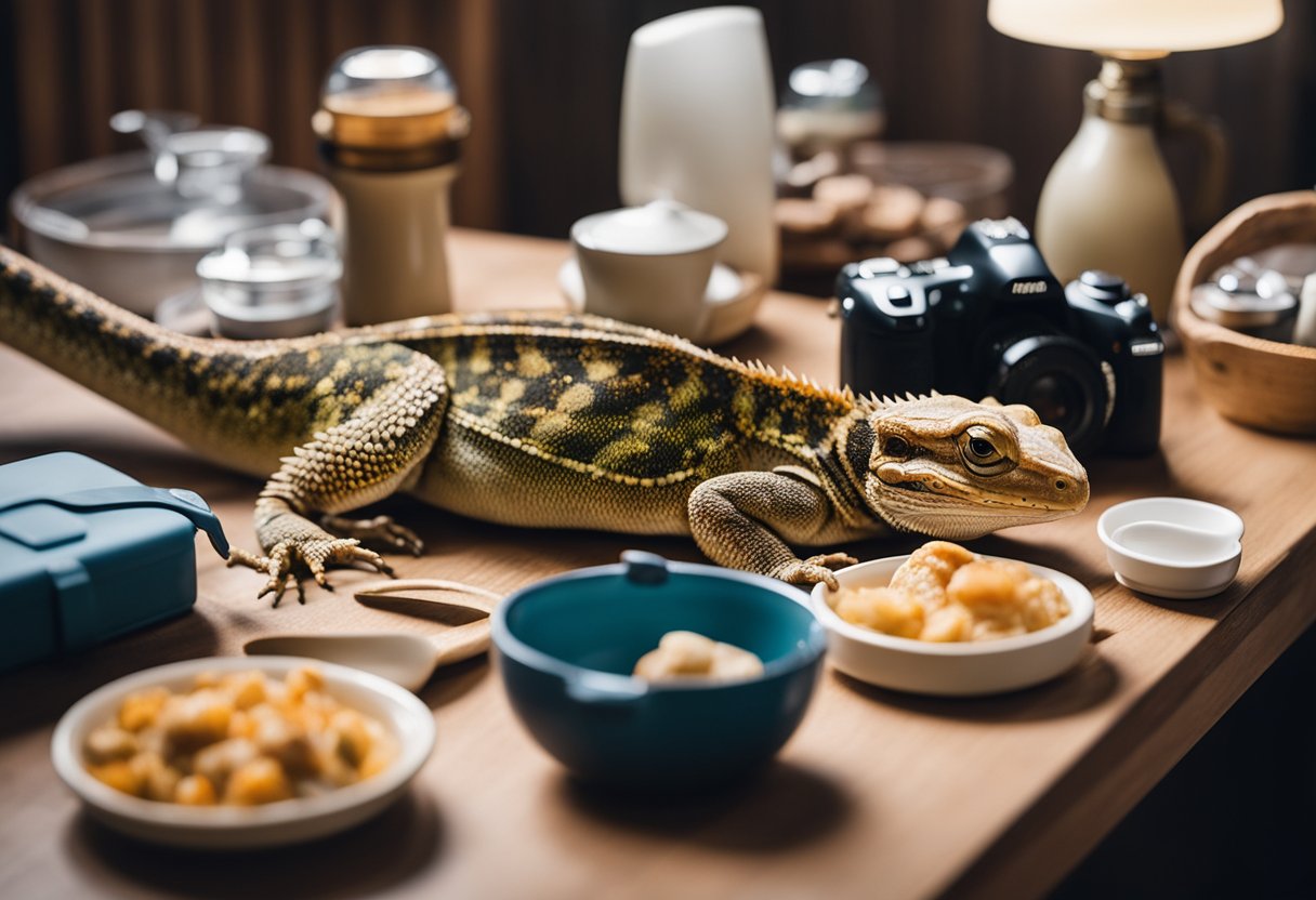 Bearded dragons and travel supplies laid out on a table, including a heat lamp, food dishes, and a small carrier