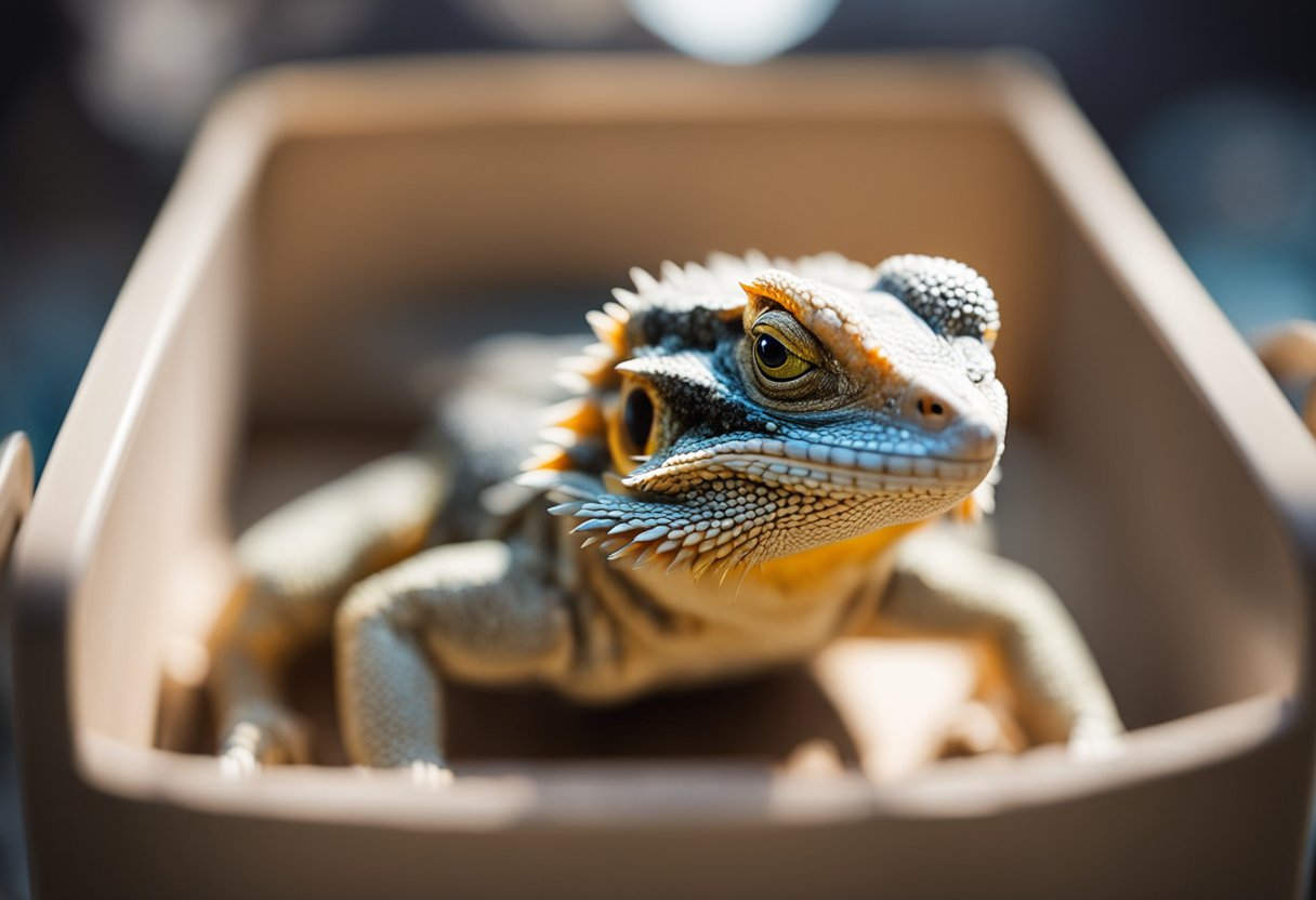 A bearded dragon sits in a travel carrier with a heat lamp, water dish, and a sign listing regulations for traveling with reptiles