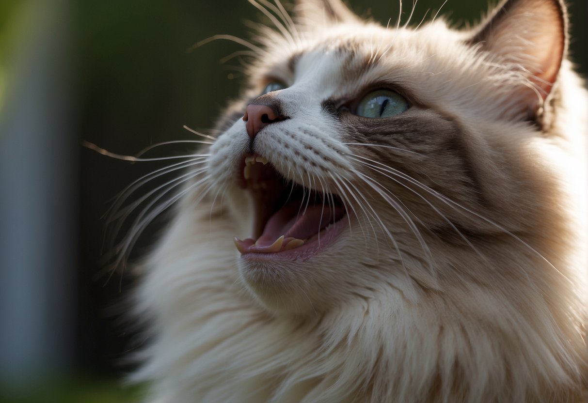 A Ragdoll cat in heat, displaying restlessness and vocalization, seeking attention from other cats, and assuming mating postures