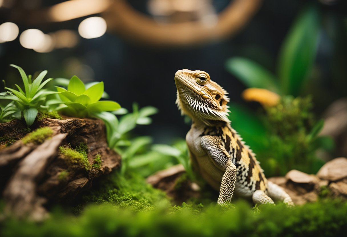 Bearded dragons eating and drinking in a terrarium