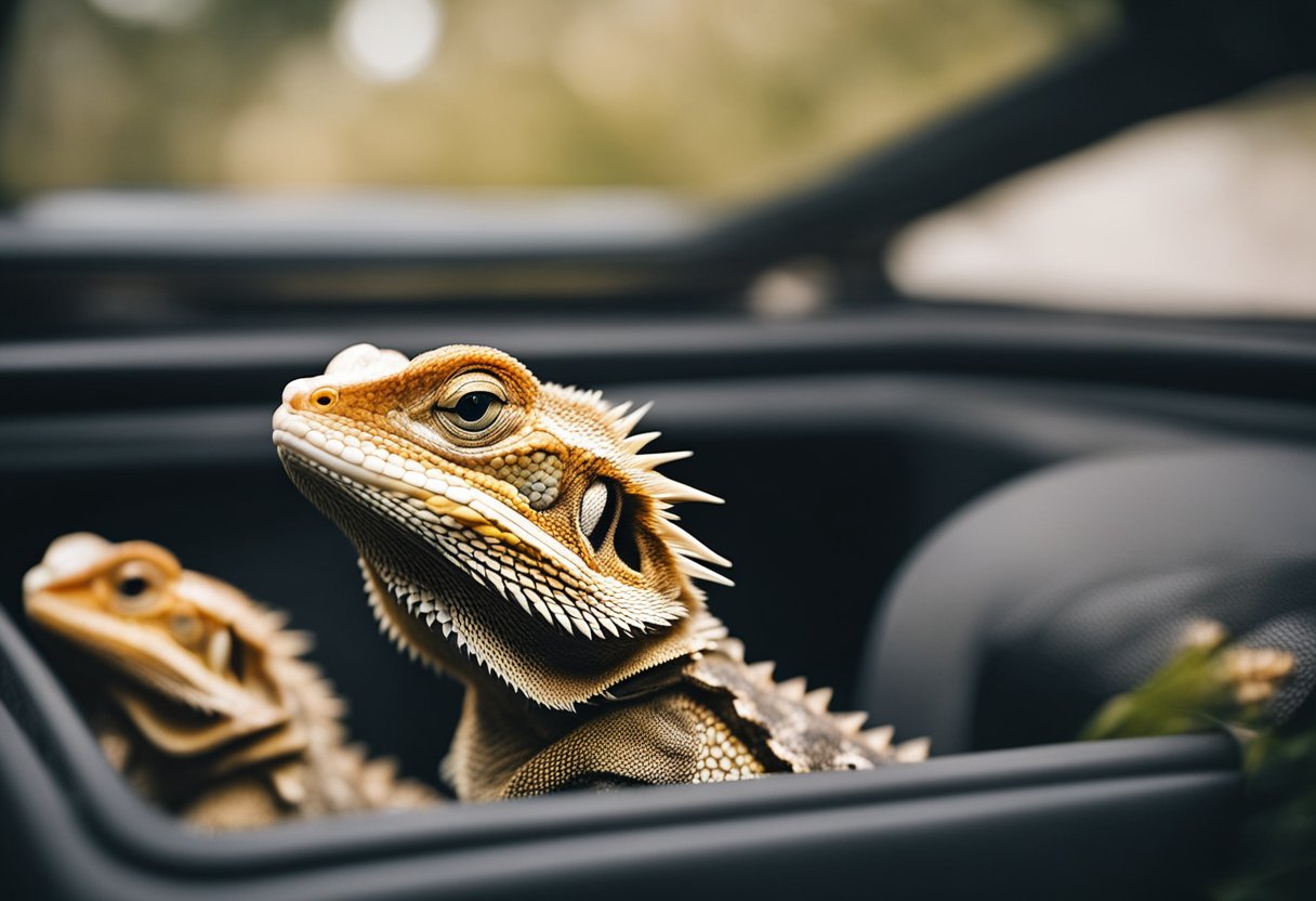 Bearded dragons in secure carriers with proper ventilation, heat source, and water, placed in a vehicle with minimal movement and noise