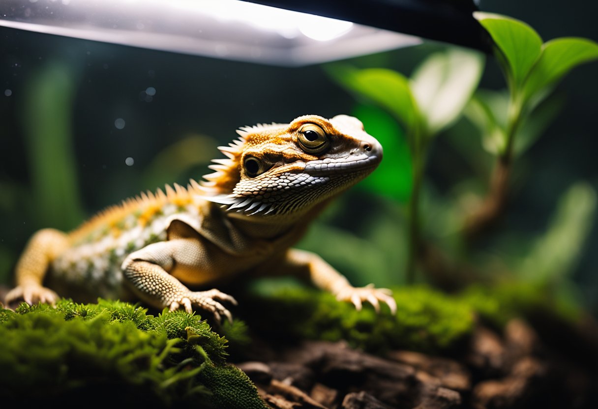 A bearded dragon basking under a heat lamp in a spacious terrarium with climbing branches and a shallow water dish