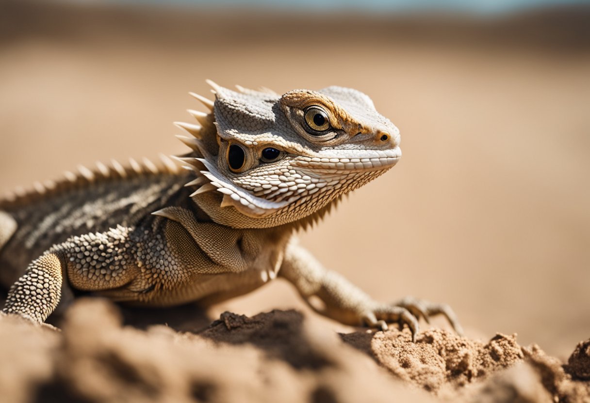 A bearded dragon sits on a barren desert landscape, its eyes drooping and body weakened from lack of food