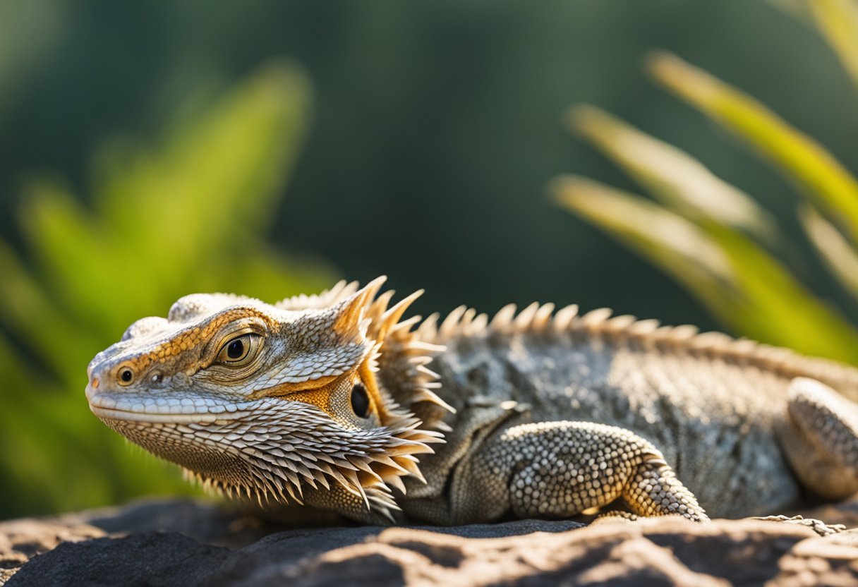 A bearded dragon sits on a warm rock, its scales glistening in the sunlight. Its eyes are alert as it basks in the heat, awaiting its next meal