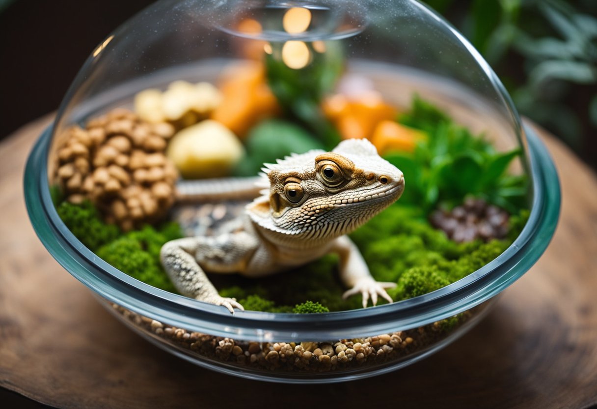 A bearded dragon sits in its terrarium, surrounded by various food options. Its empty food dish sits nearby, untouched for several days