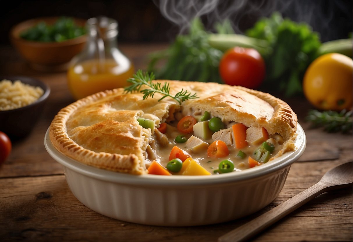 A golden-brown chicken pot pie sits on a rustic wooden table, steam rising from the flaky crust. A scoop removed, revealing chunks of tender chicken and colorful vegetables in a creamy sauce