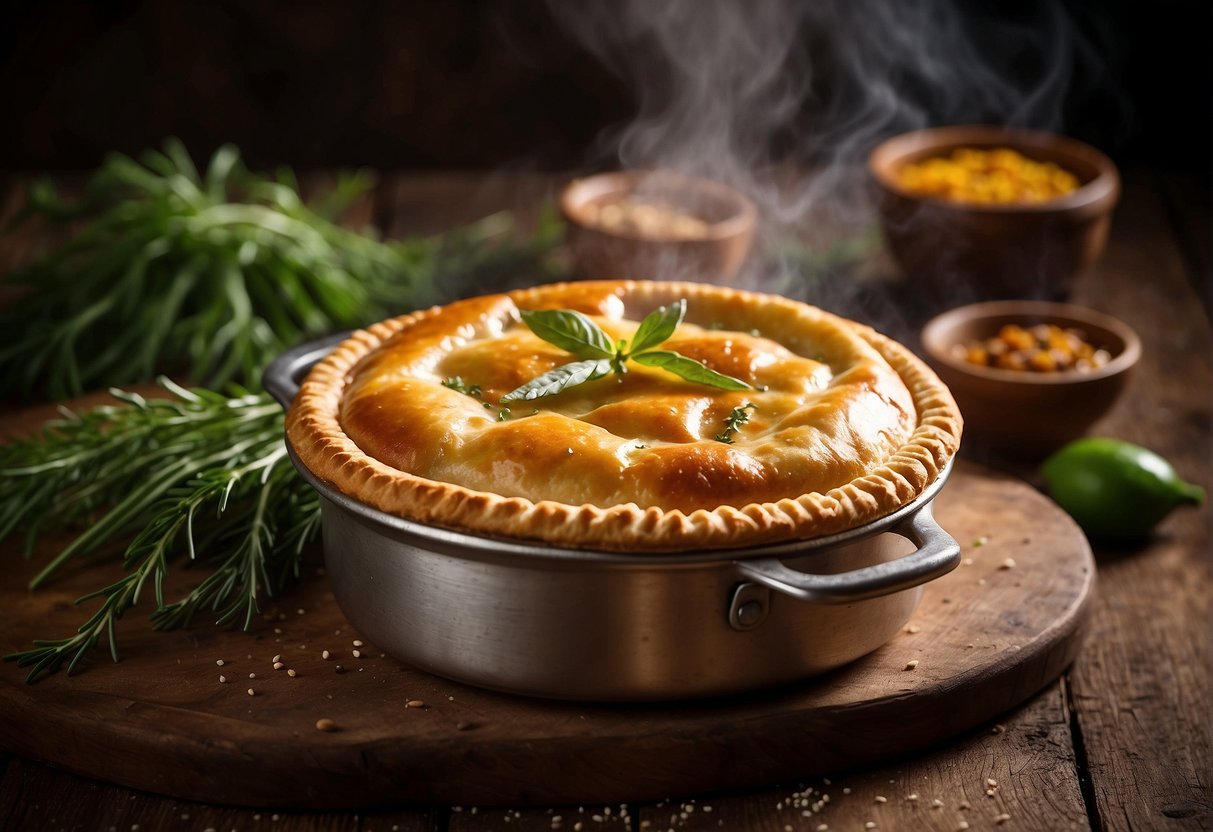 A golden-brown pot pie sits on a rustic wooden table, steam rising from the flaky crust. A scattering of herbs and spices adds a pop of color to the savory dish