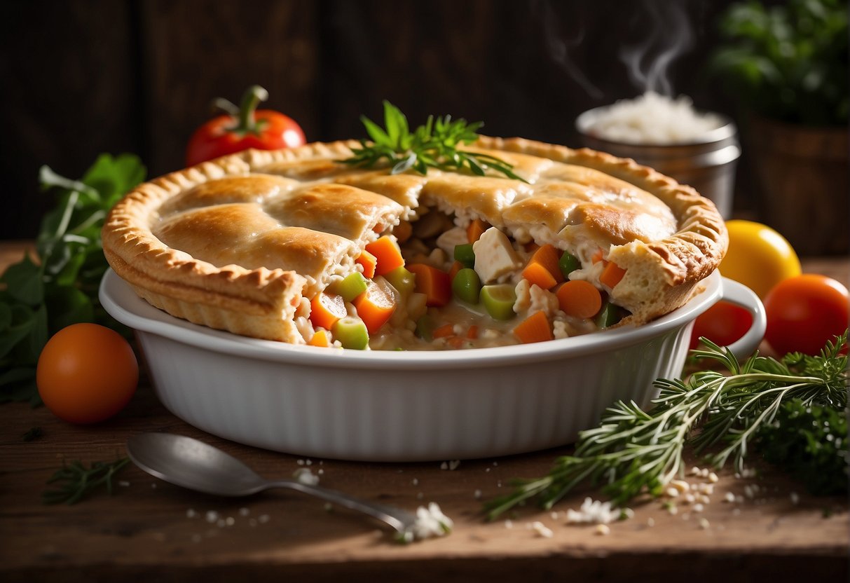 A steaming chicken pot pie sits on a rustic wooden table, surrounded by fresh herbs and colorful vegetables. A golden, flaky crust covers the bubbling filling, with a scoop missing from the center