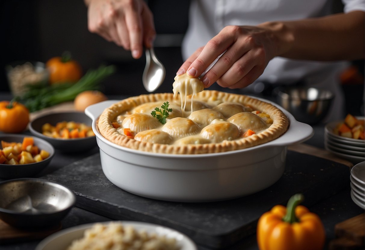 A chef adds unique ingredients to a Sam's Club chicken pot pie, customizing the recipe with creative variations