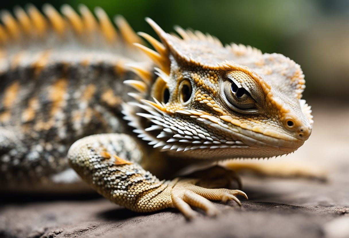 A bearded dragon lies on a flat surface, eyes closed, limbs tucked close to its body, breathing steadily