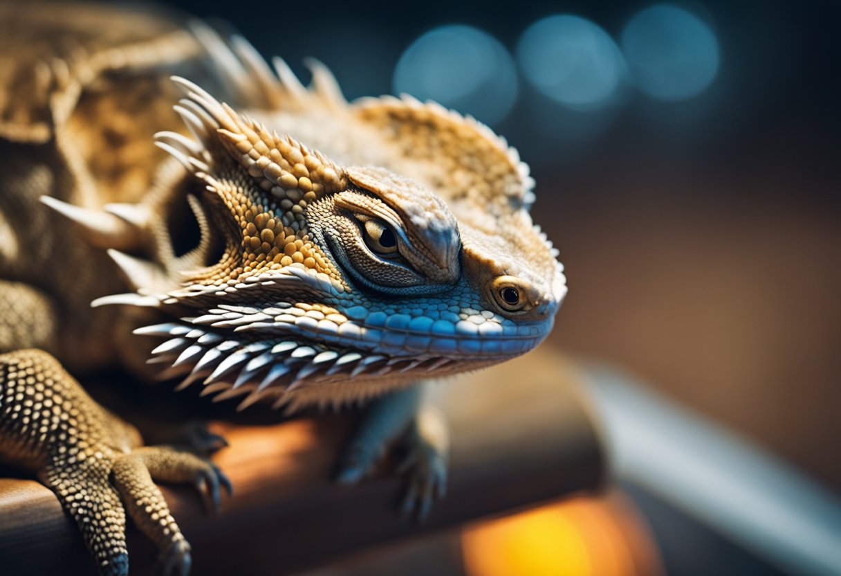 A bearded dragon is curled up on a basking spot under a heat lamp, eyes closed and breathing slowly. Its body is relaxed, with its head tucked under its arm