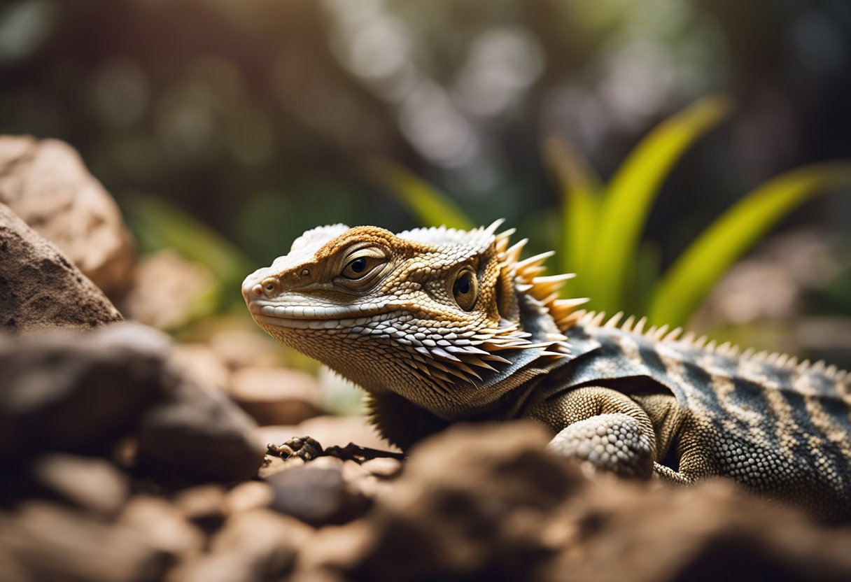 A bearded dragon rests on a warm, flat surface under a UVB light, surrounded by rocks and branches for climbing and hiding