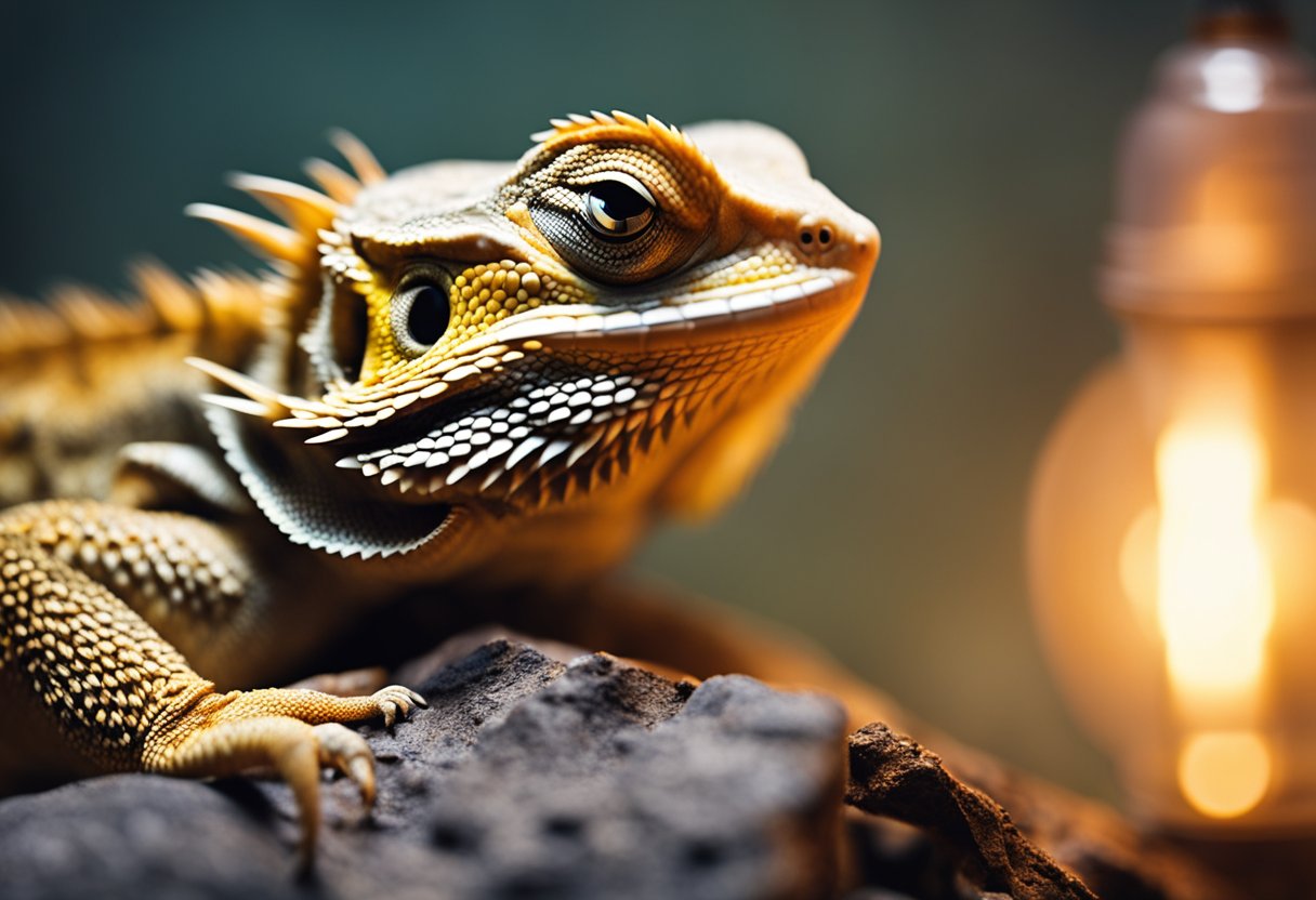 A bearded dragon rests on a warm rock under a heat lamp, eyes closed and body relaxed, breathing slowly