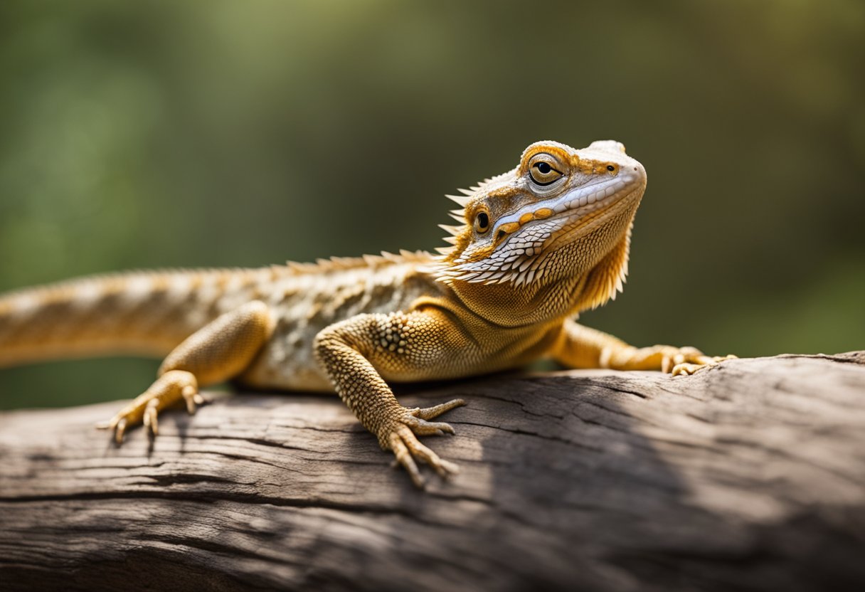 A bearded dragon lies flat on a basking spot, eyes closed, breathing slowly. Its body is relaxed, limbs slightly spread, and tail curled up