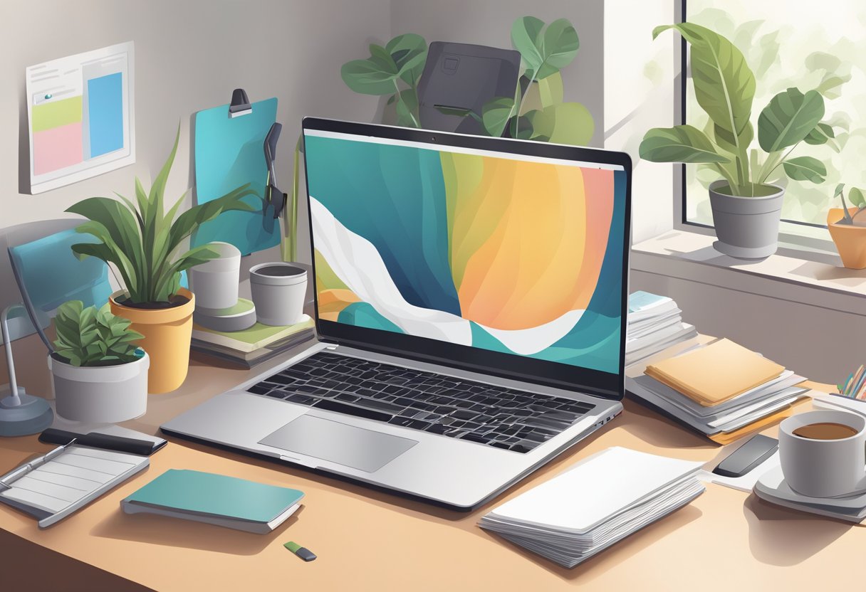 A laptop open on a cluttered desk, with a cup of coffee, papers, and a plant. A vacuum cleaner in the corner, and a duster on the shelf