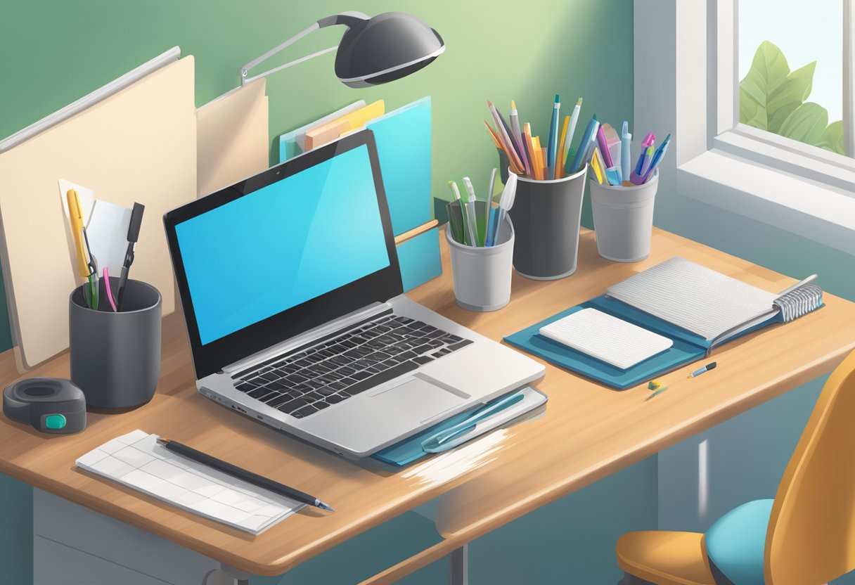 A desk with a laptop, notebooks, and pens. A nearby shelf holds cleaning supplies like a duster, spray bottle, and microfiber cloths