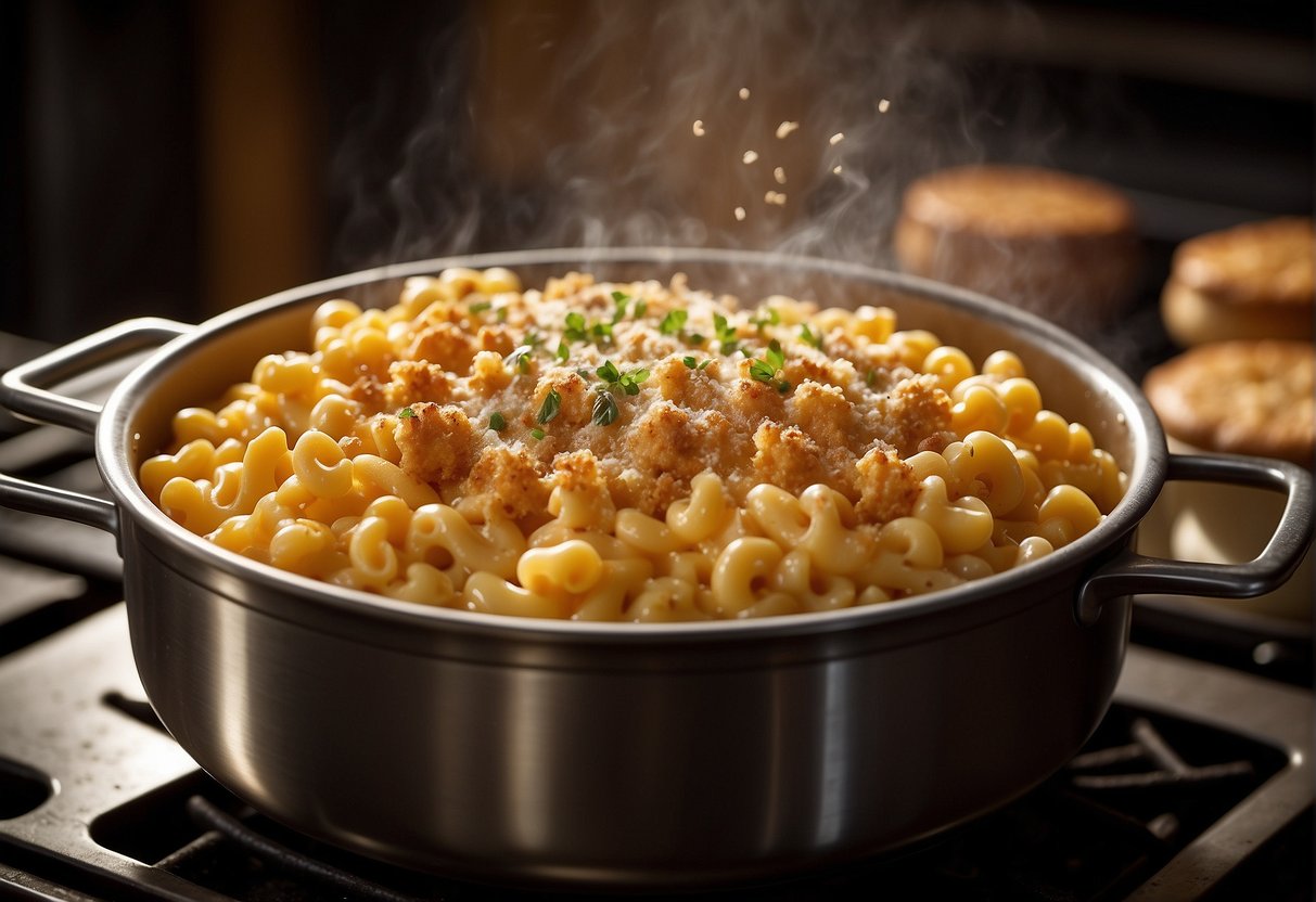 A bubbling pot of creamy mac and cheese simmers on the stove, with a sprinkle of breadcrumbs on top, ready to be served at Longhorn Steakhouse