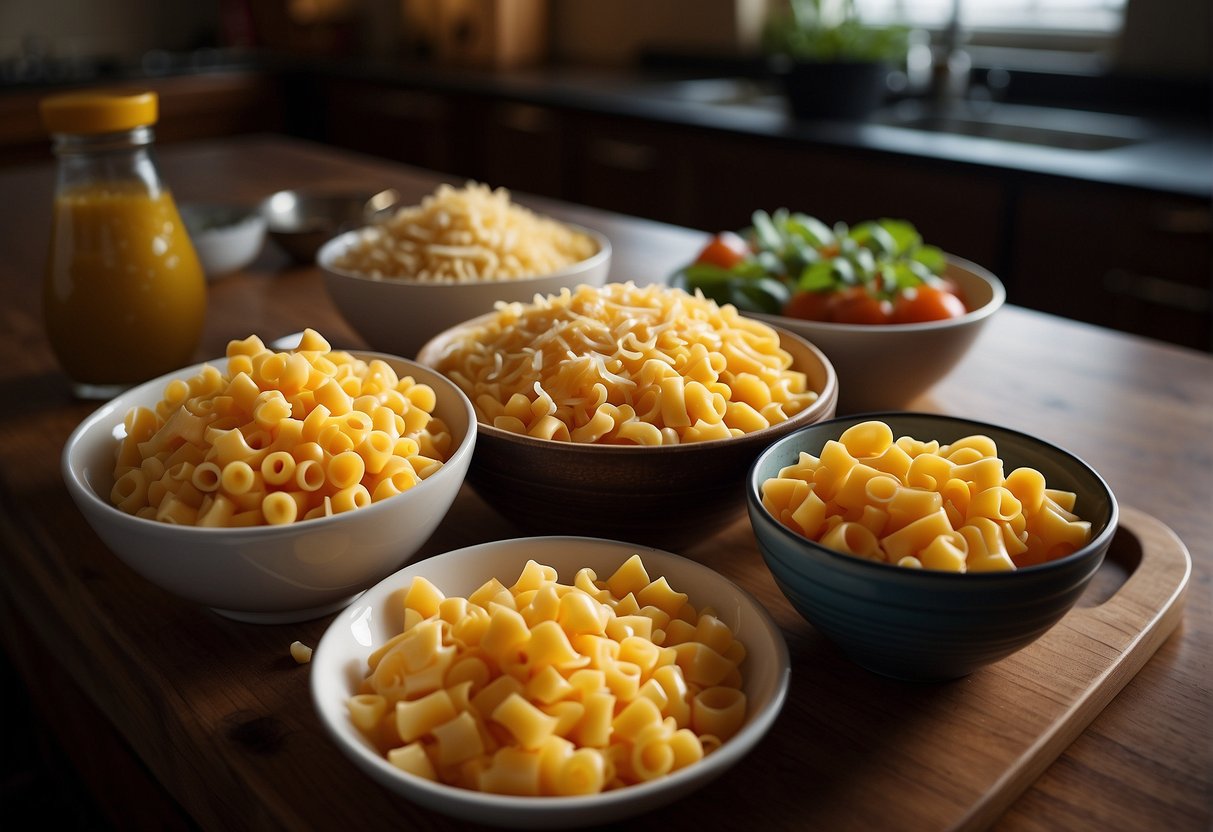 A kitchen counter with bowls of macaroni, shredded cheese, and milk. A block of cheddar cheese and a steak knife nearby