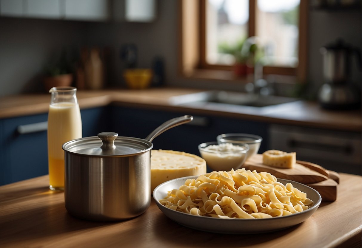 A pot of boiling water, a box of pasta, a block of cheese, and a bottle of milk on a kitchen counter