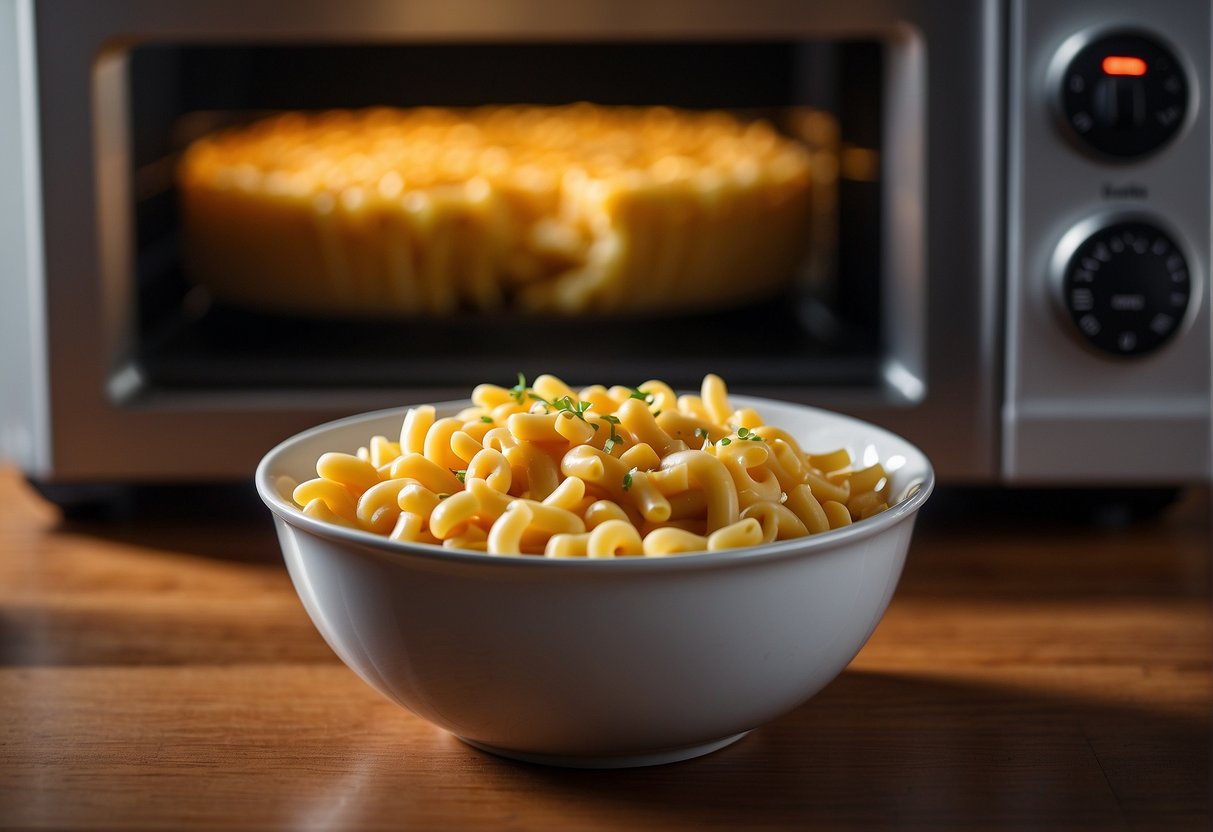 A bowl of mac and cheese sits on a wooden table, covered with a lid. A microwave oven is nearby, with the door open and a hand reaching to place the bowl inside