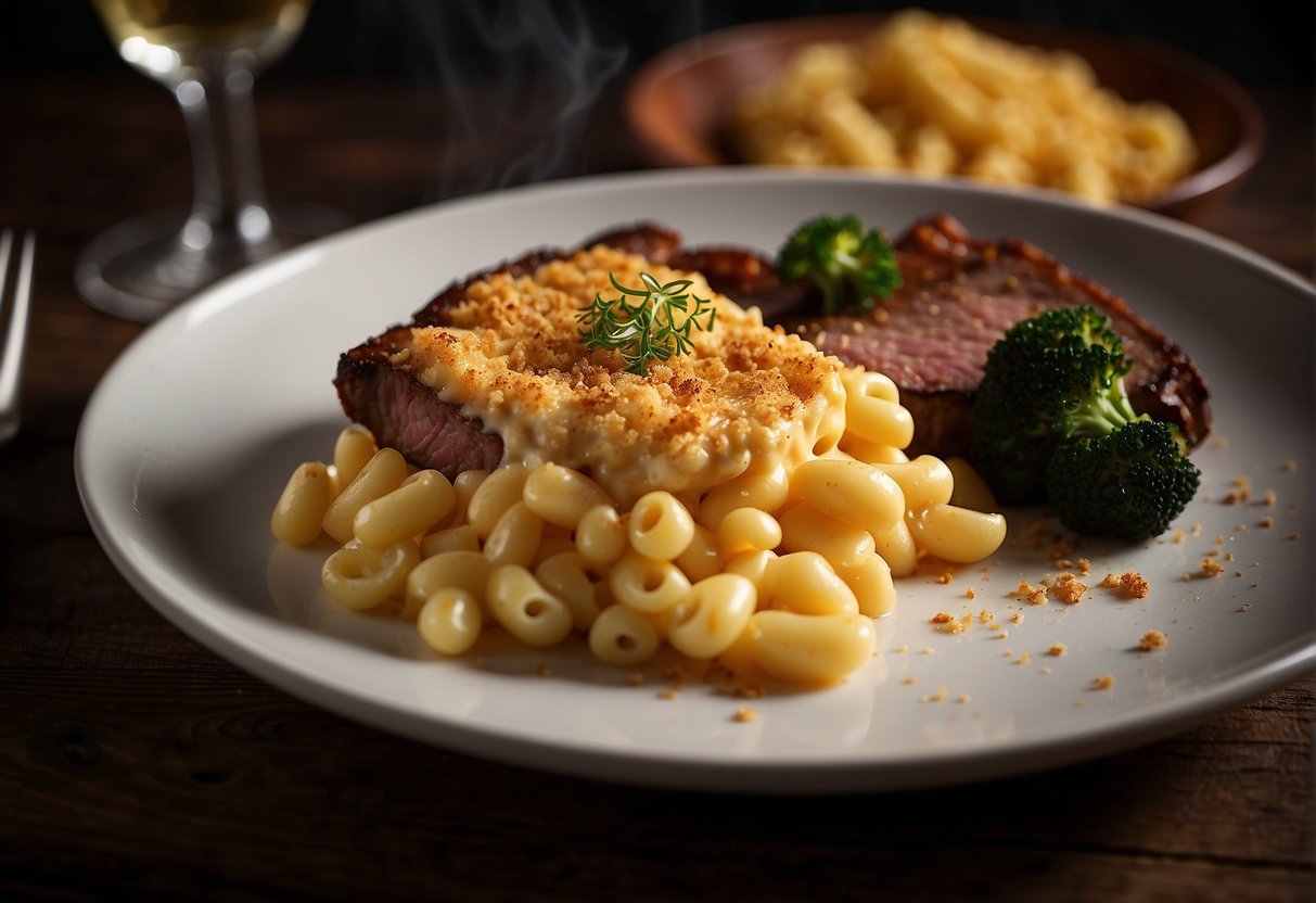 A steaming dish of creamy mac and cheese topped with golden breadcrumbs, served alongside a sizzling, perfectly cooked steak