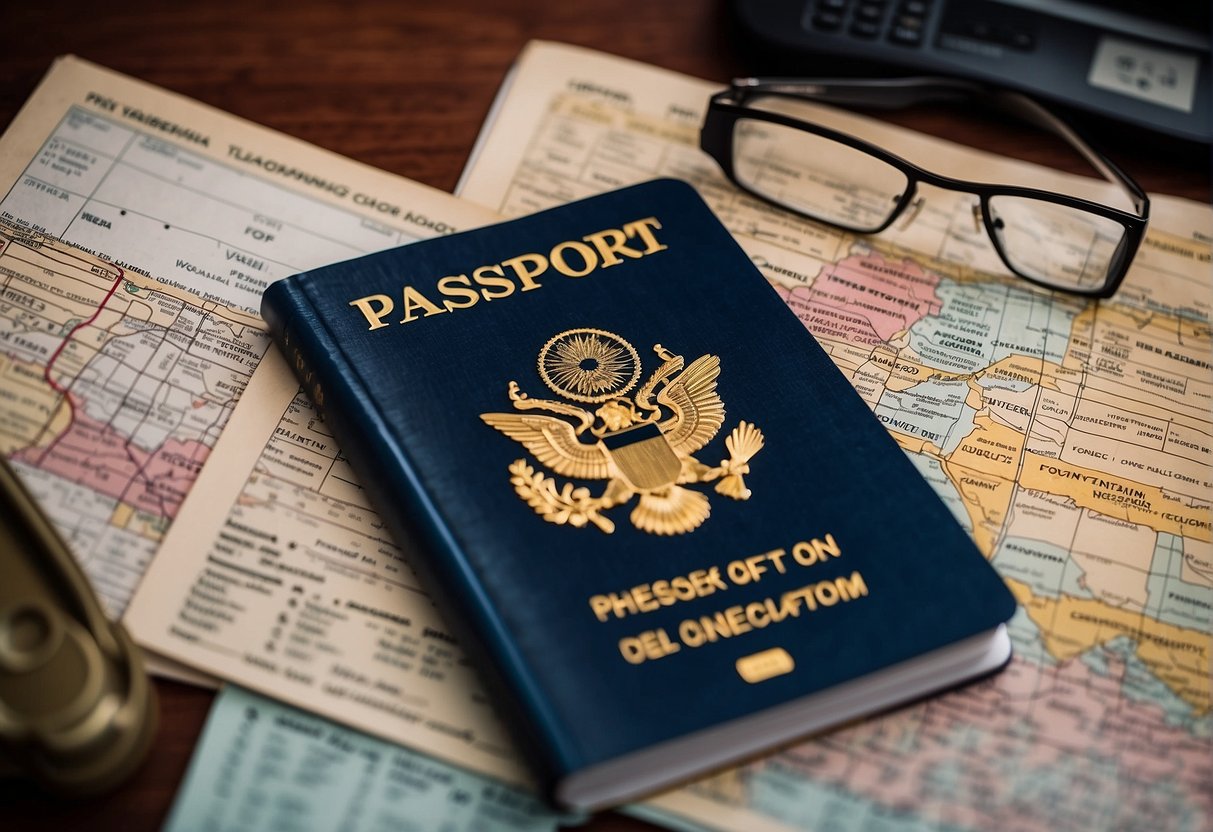 Passport, visa, and health declaration form on a table. A map of the Philippines and a travel guidebook are nearby