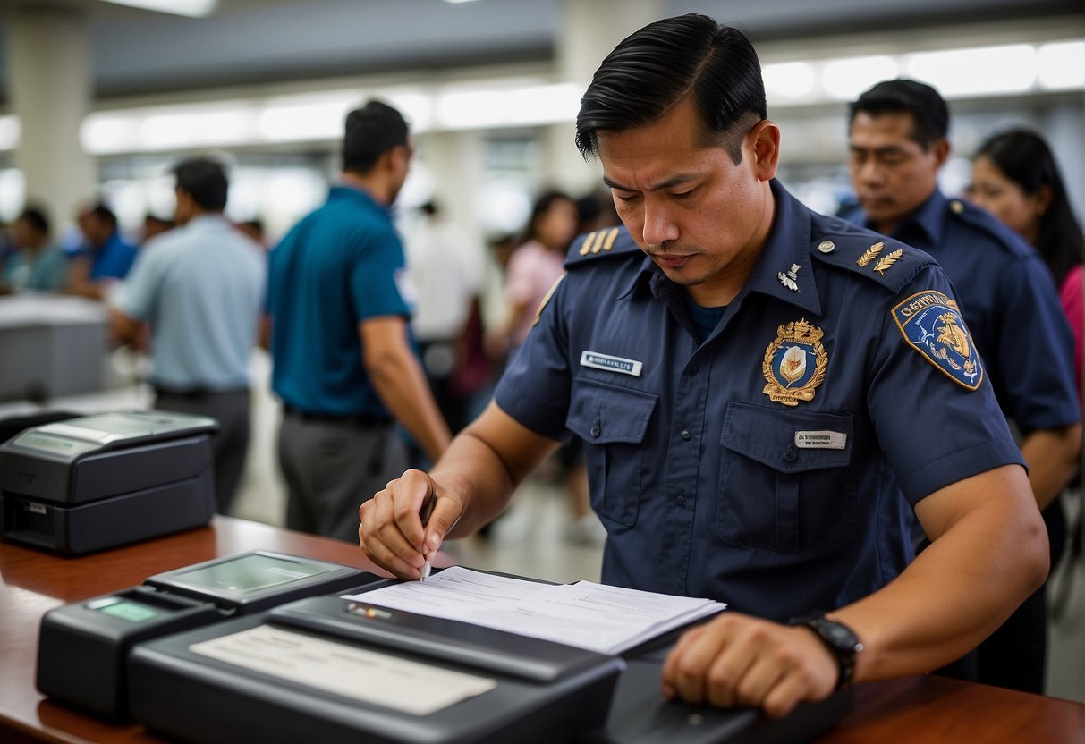 A traveler submitting documents at a customs desk in the Philippines. Passport, visa, and other required paperwork are laid out for inspection