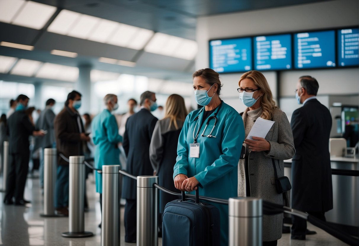 Passengers lined up for temperature checks and document verification at the airport. A separate area for quarantine procedures is set up with medical staff and testing facilities